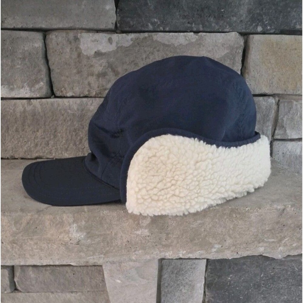 Lands End Squall Sherpa Fleece Lined Trapper Cap Hat Ear Flaps Navy Blue L/XL